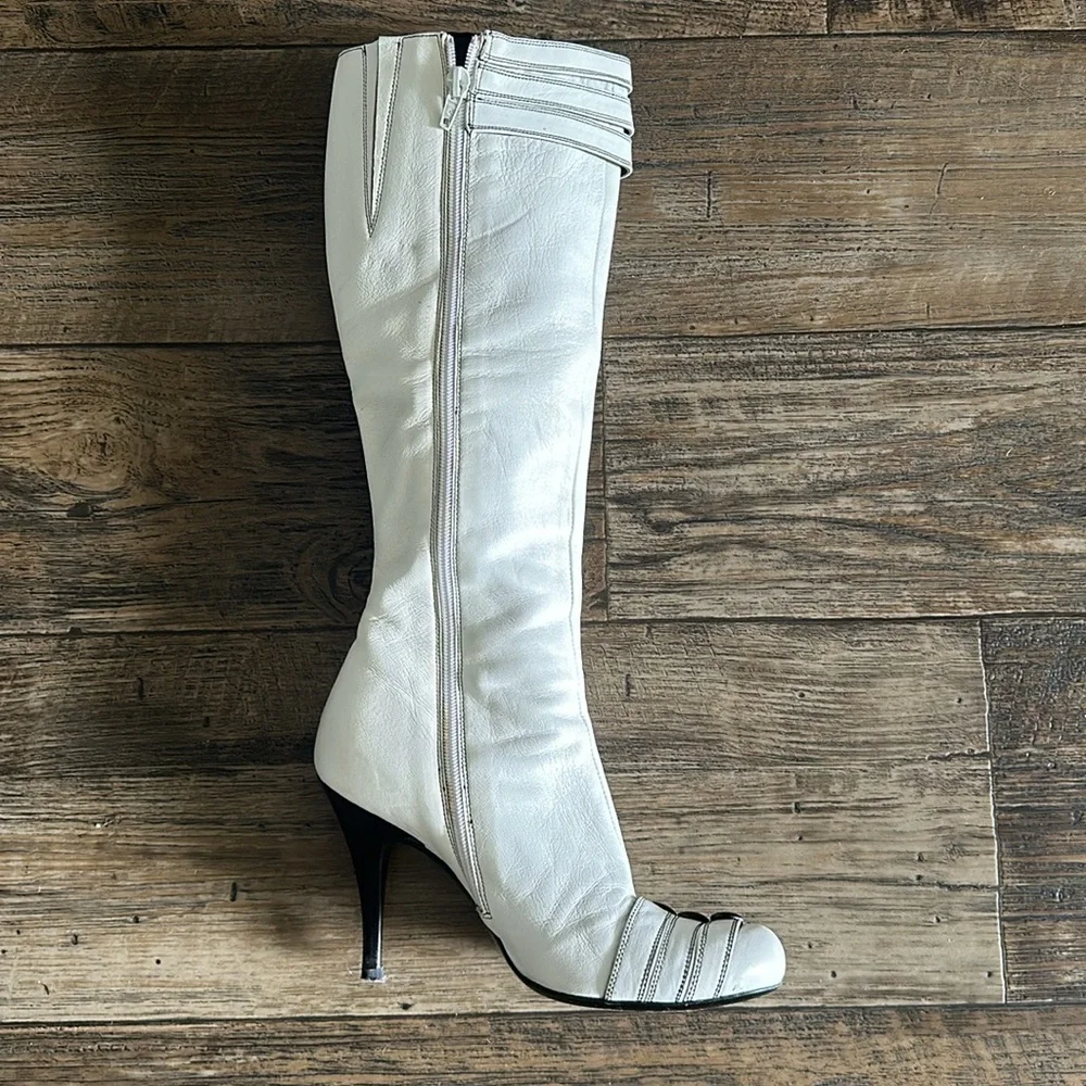 Miss Sixty White Tall Leather Boots with Black Trim